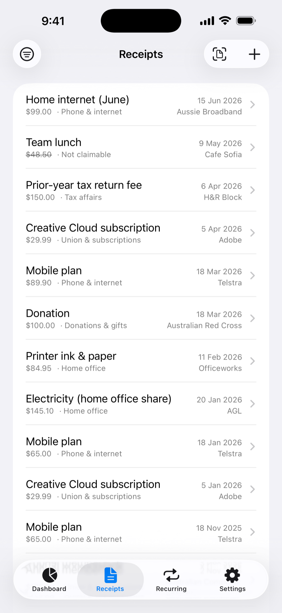 The receipts list, filterable by financial year and category